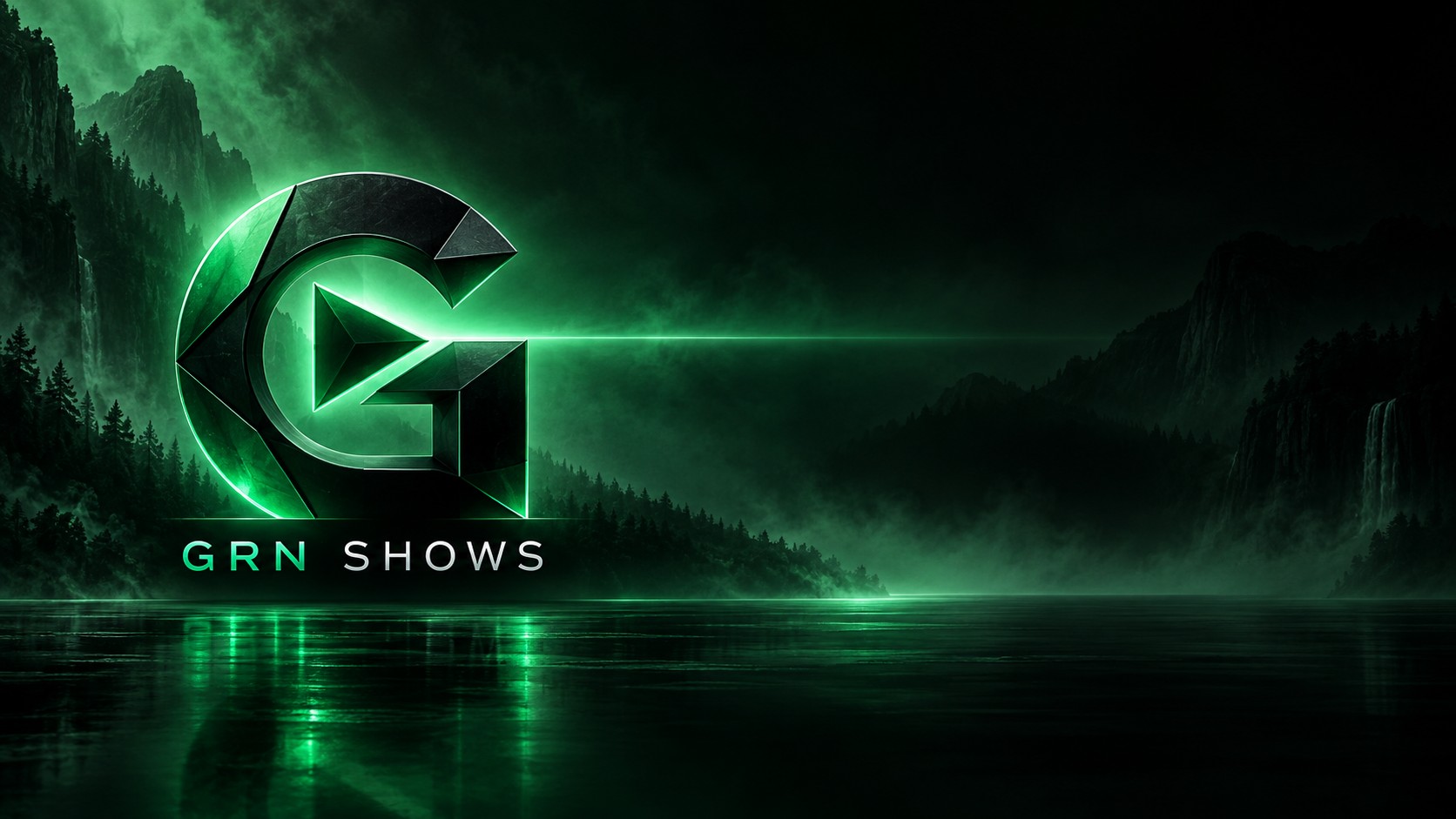 GRN Shows green play emblem over a mountain lake